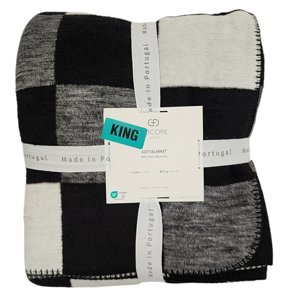 Docofil King Size Black And White Cotton Blend Soft Blanket Made In Portugal NEW
